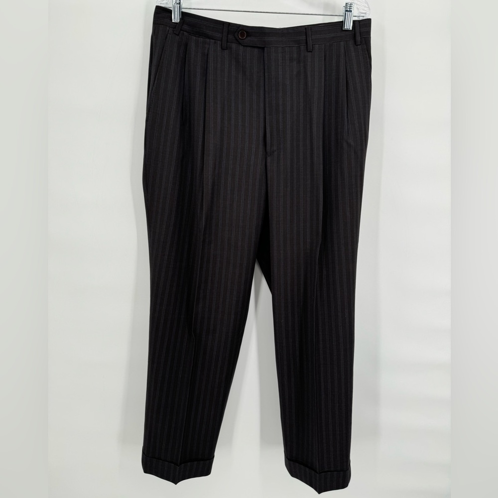 Canali Chocolate Brown Blue Stripe Wool Pants Flat Front Dress Pants Size 44 R